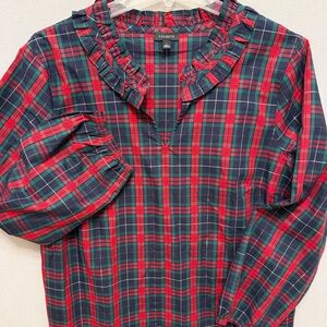 Talbots Women’s Ruffled Plaid Shirt - Red and Blue Metallic Thread Size L